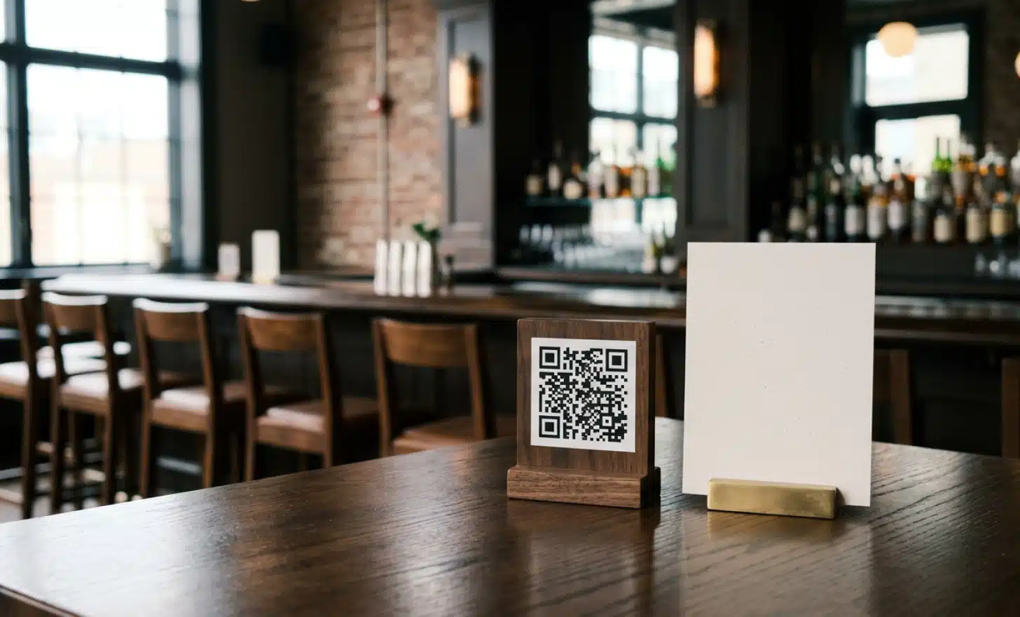 A tidy bar table before opening with a single QR code stand next to a printed alternative.