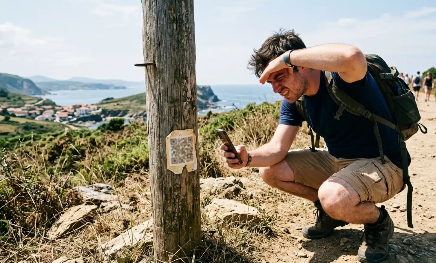 A tourist crouching to reach a small, poorly placed code sticker faded by the sun.