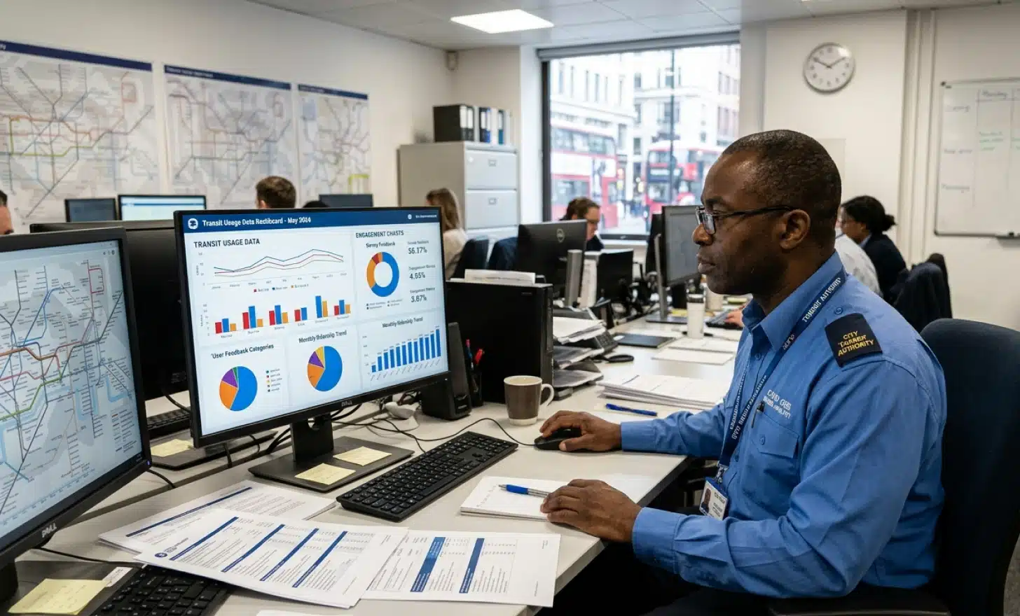 A transit authority employee reviewing engagement charts and usage data on a desktop monitor in an office