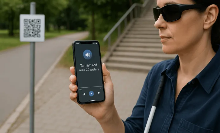 A visually impaired woman uses her smartphone to follow audio navigation instructions while standing near a staircase with a QR code visible in the background.