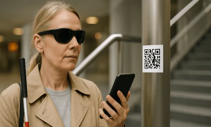A visually impaired woman wearing a beige trench coat scans a QR code on a stainless steel pole inside a modern building using her smartphone.