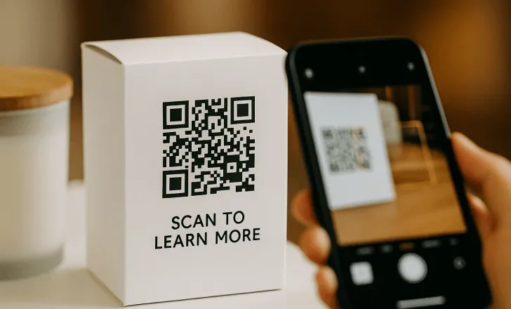A white cardboard product box with two QR codes printed closely together on one side, photographed on a clean surface with soft ambient lighting.