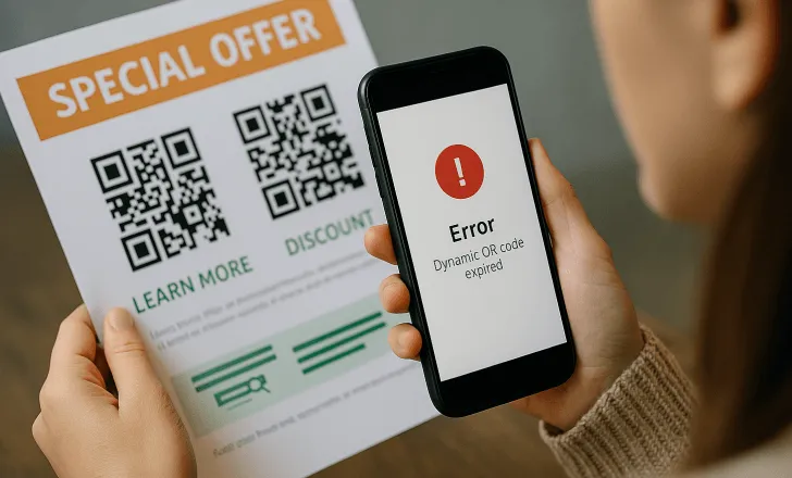 A woman holds her phone showing a QR code error while reading a flyer with promotional QR codes, indicating the scan failed.
