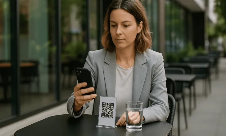 A woman in a gray blazer sits at a black outdoor café table, checking her phone beside a QR code stand and a glass of water.