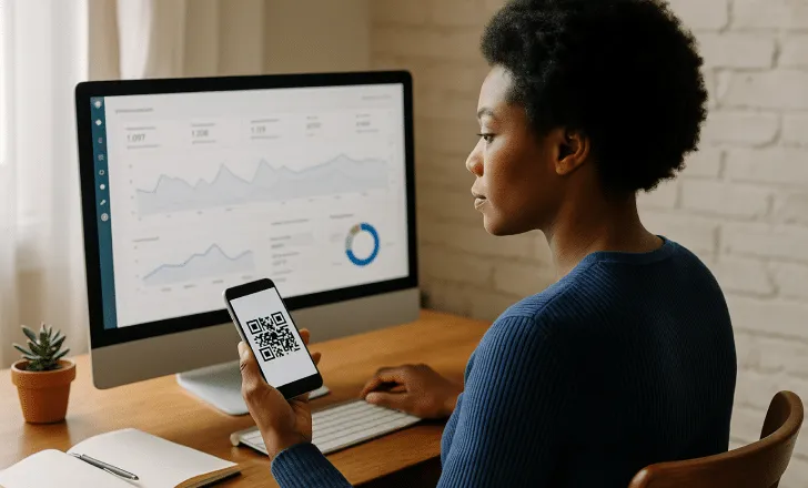 A woman in a home office reviews QR code analytics on a desktop screen while holding a smartphone displaying a QR code.