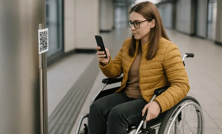 A woman in a wheelchair scans a QR code on a stainless steel pole in a modern, well-lit transit hall using her smartphone.