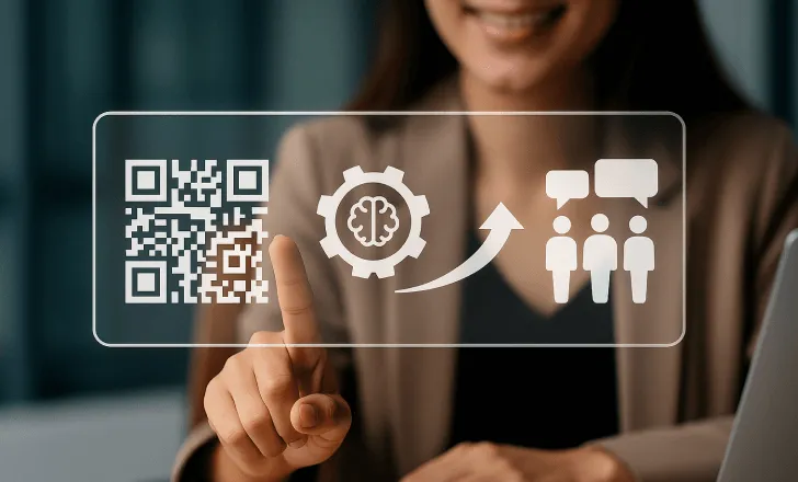 A woman interacts with a floating digital interface showing a QR code, AI gear icon, and feedback symbols