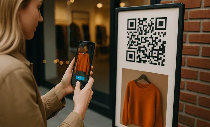 A woman scanning a QR code on a fashion poster outside a store, with an orange sweater appearing as a 3D AR object on her smartphone screen.