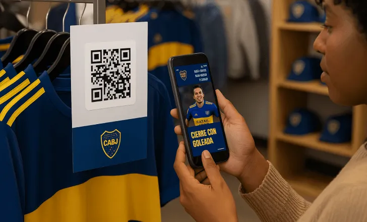 Uma mulher escaneia um QR code em uma loja de produtos do Boca Juniors enquanto vê a loja online no celular