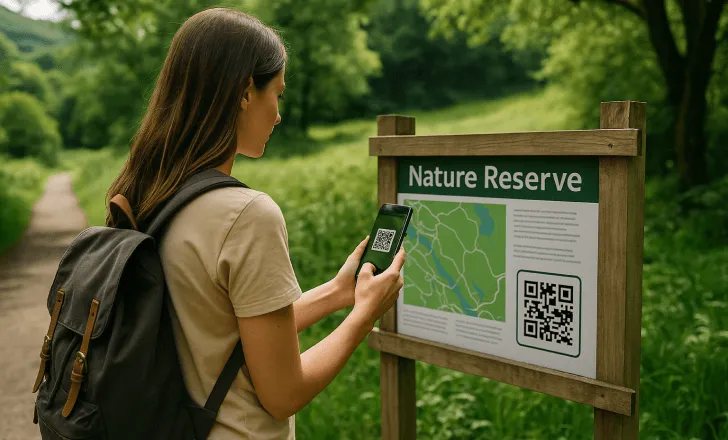 A woman scans a QR code on a trailhead information sign at the entrance of a lush nature reserve.