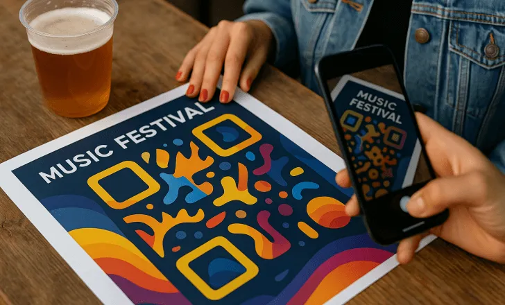 Une femme scanne un QR code vibrant sur une affiche de festival de musique avec son smartphone