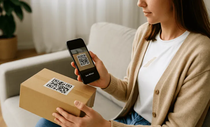 Una mujer sentada en un sofá escanea un código QR en un paquete de cartón con su teléfono inteligente en una habitación iluminada por el sol.