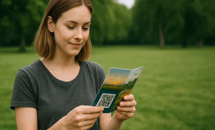 Una mujer de pie en un parque sosteniendo un folleto doblado con un código QR, mirándolo con calma.