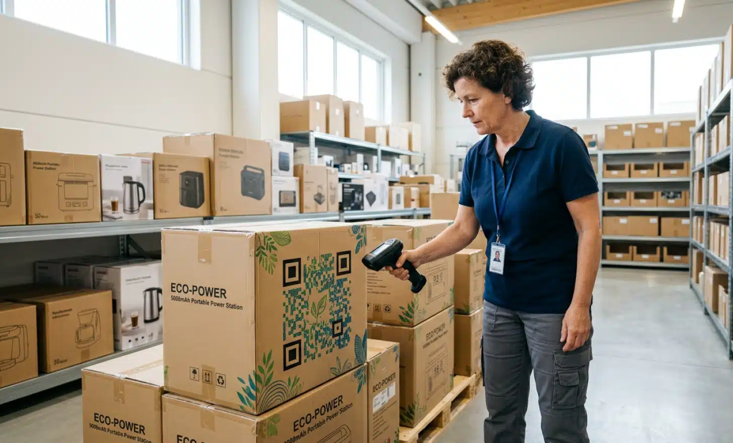 A worker scanning a QR code on product packaging in a tidy retail stockroom.