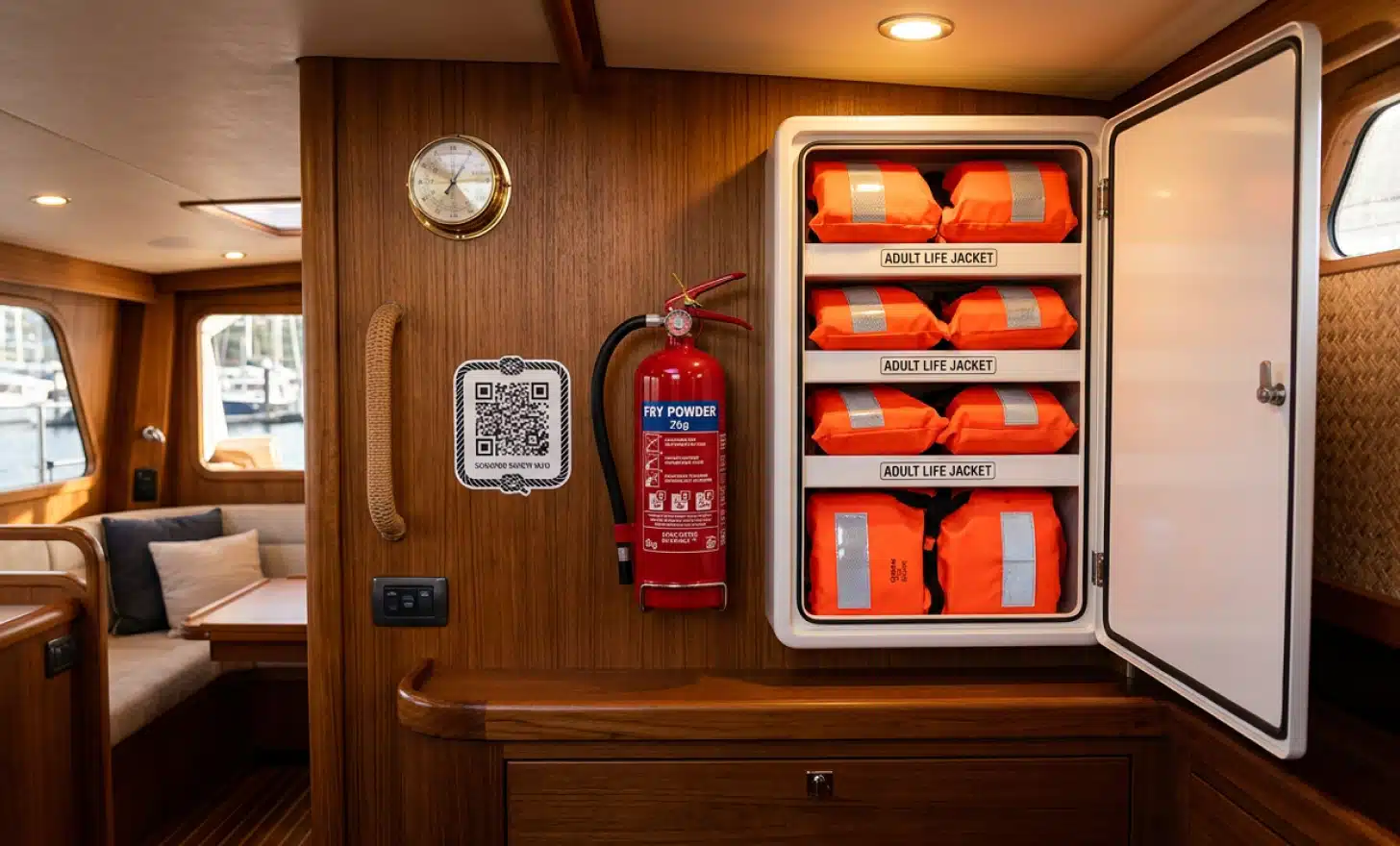 A yacht cabin safety locker with life jackets and a fire extinguisher beside a small QR code decal.