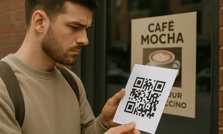 A young man outside a café examines a printed QR code with a serious expression