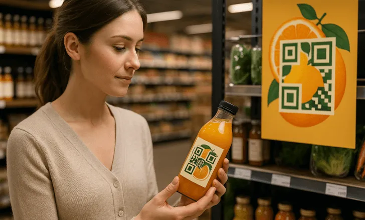 A young woman examining a juice bottle with an artistic QR code label in a grocery store