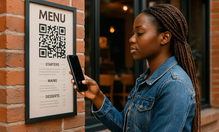 A young woman scans a QR code menu outside a café using her smartphone.