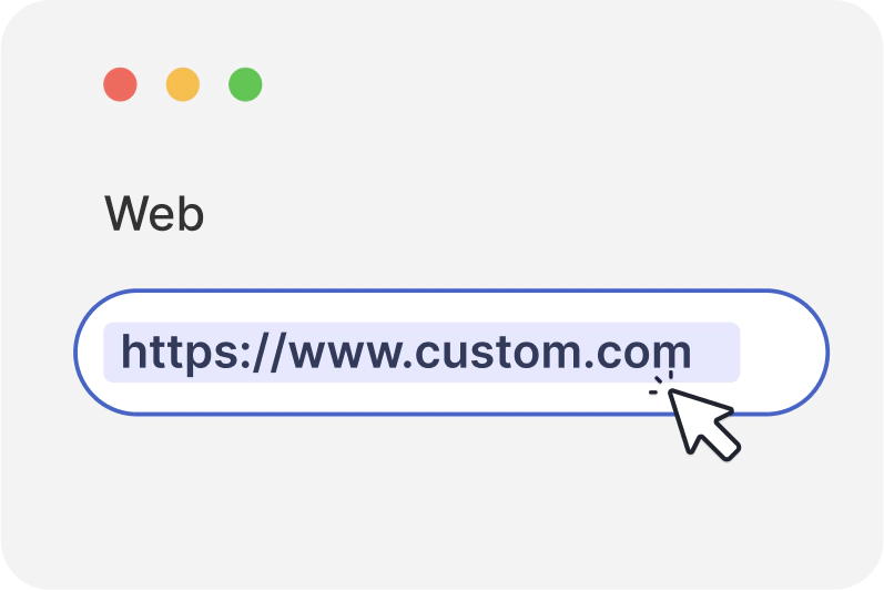 A branded QR short link, https://www.custom.com, shown in a browser