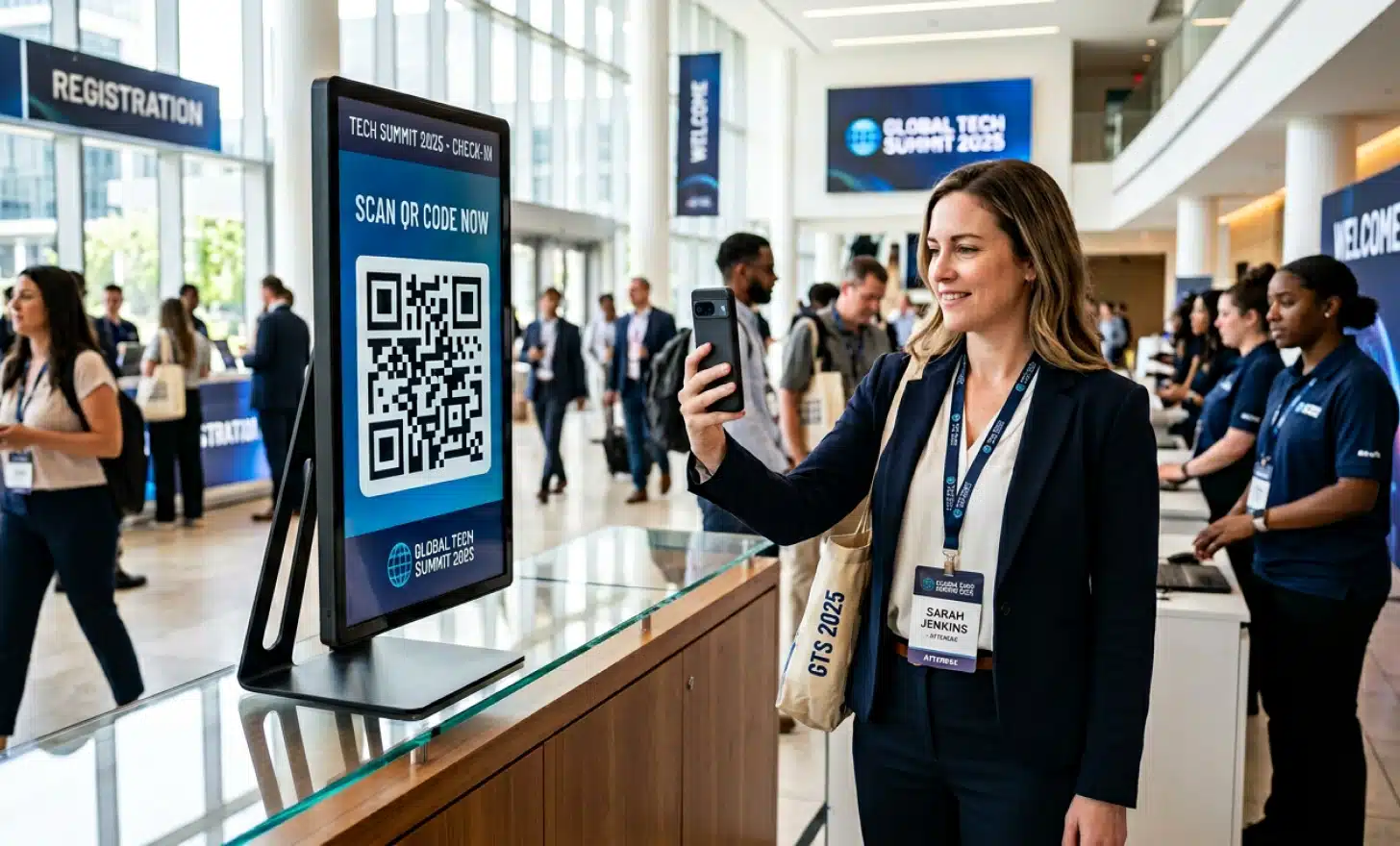 An attendee scanning a QR code on a modern digital signage screen at a contemporary event.
