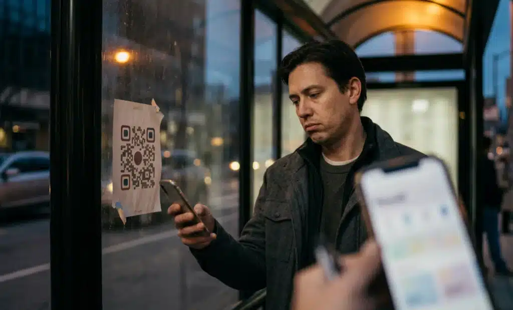 An underwhelmed person at an evening bus stop looking at a phone after scanning a QR code on a flyer