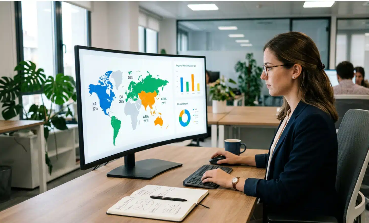 Analyst at a desk reviewing a world map dashboard on a large monitor with regional engagement highlights visible.