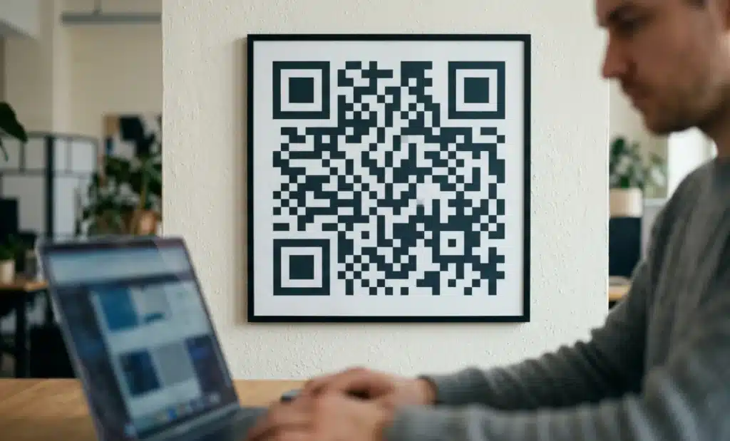 Analyst studying a large screen showing a blurred world map with distributed data points