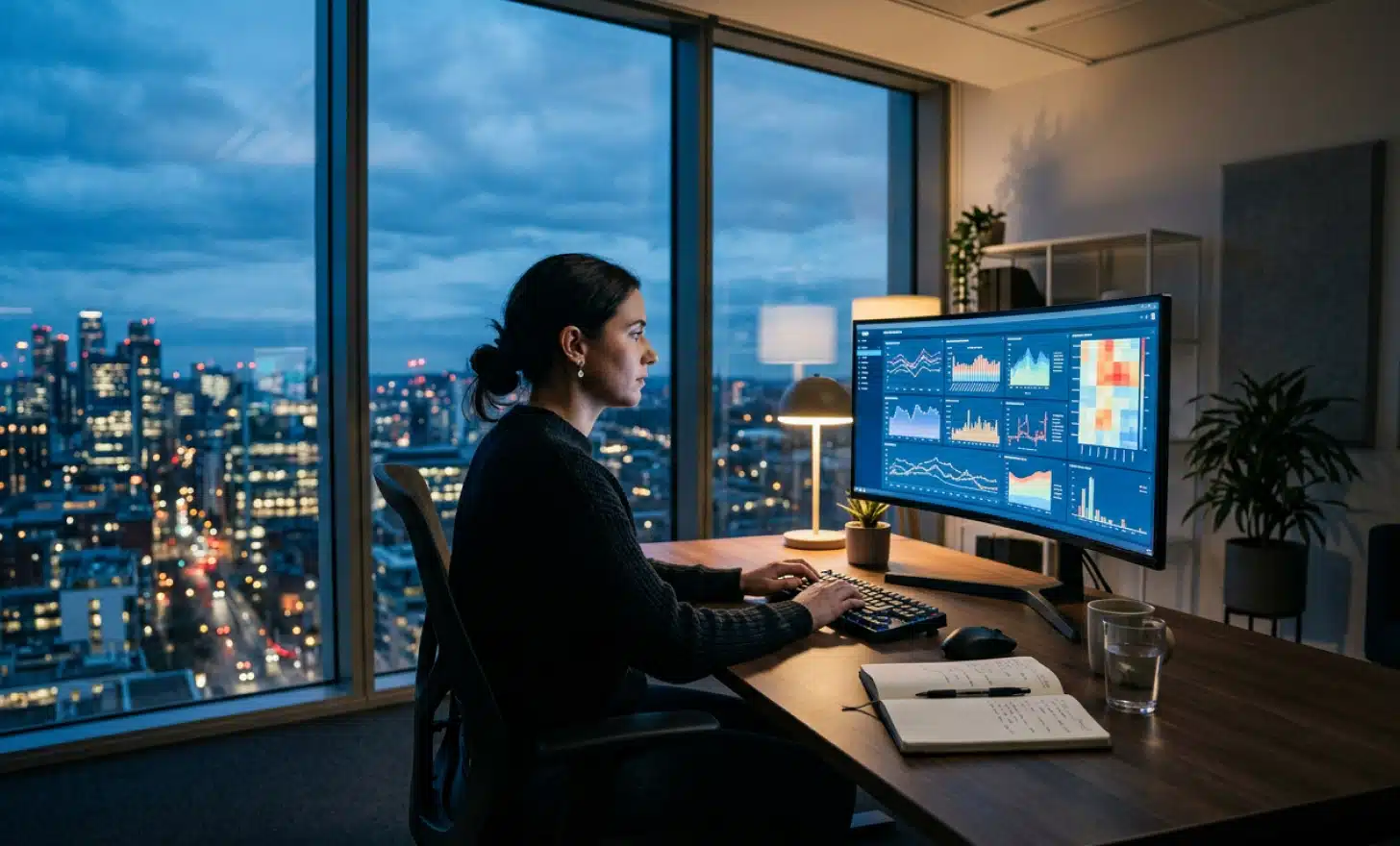 Analyst working alone at dusk in front of a monitor displaying abstract dashboard visuals.