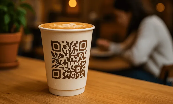Artistic QR code printed on paper coffee cup with latte art