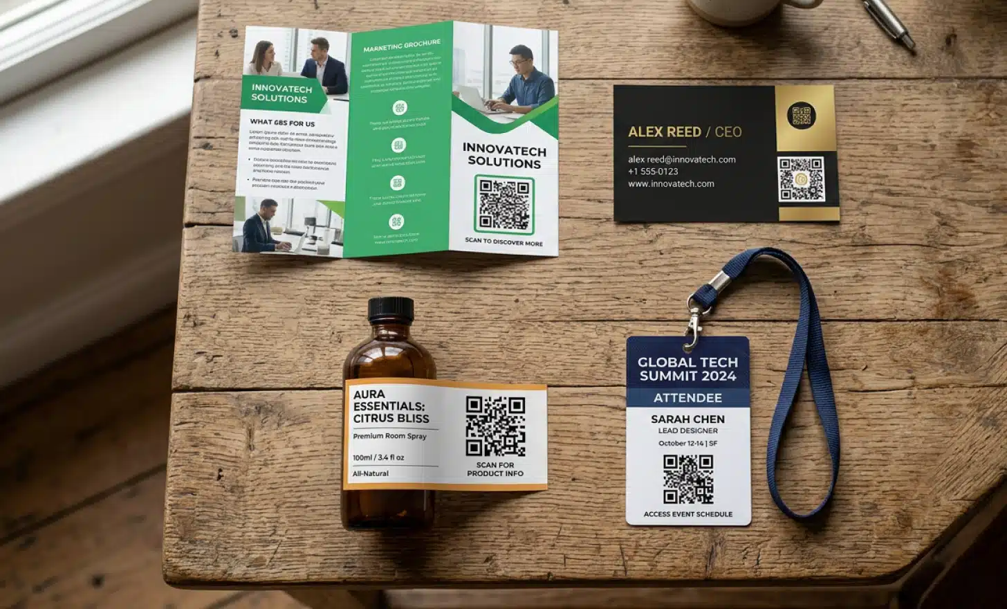 Assorted marketing materials with different QR codes on a wooden table