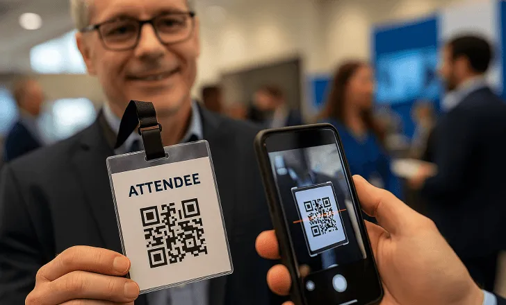 Attendee badge with QR code being scanned at a professional conference