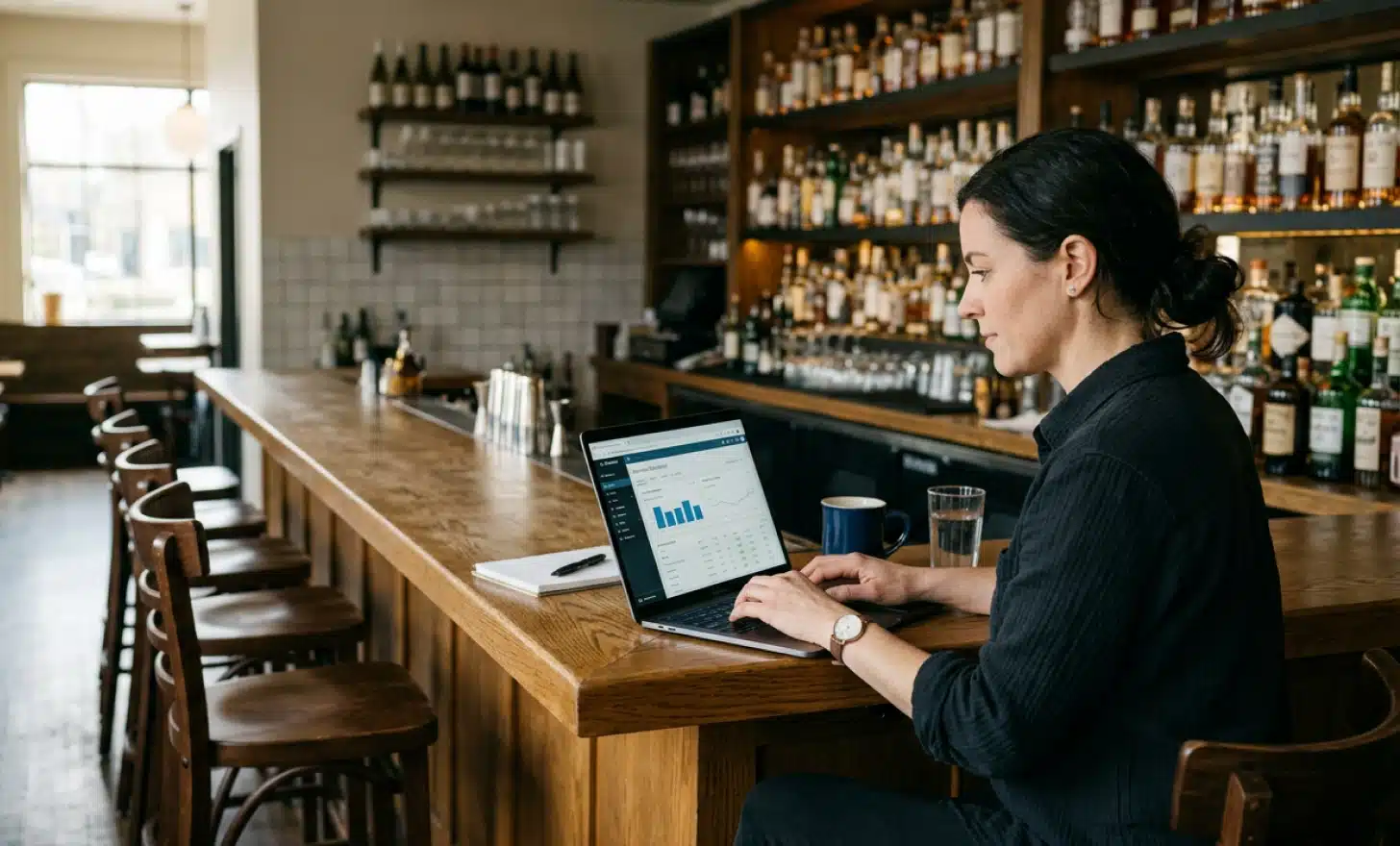 Bar manager updating a digital menu on a laptop behind the counter