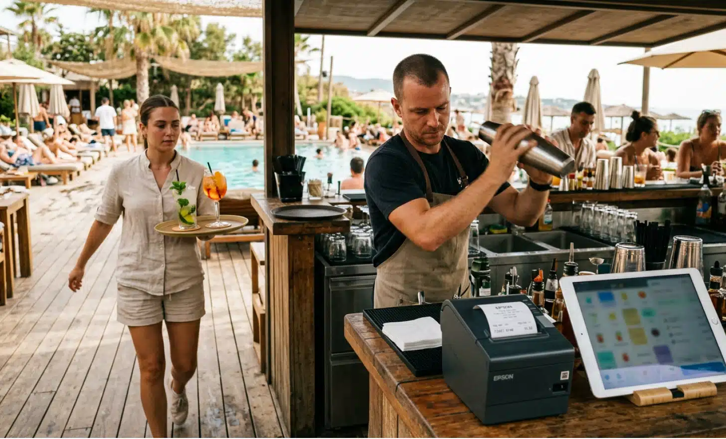 Bartender shaking a cocktail while a runner delivers drinks from the pool bar to the loungers