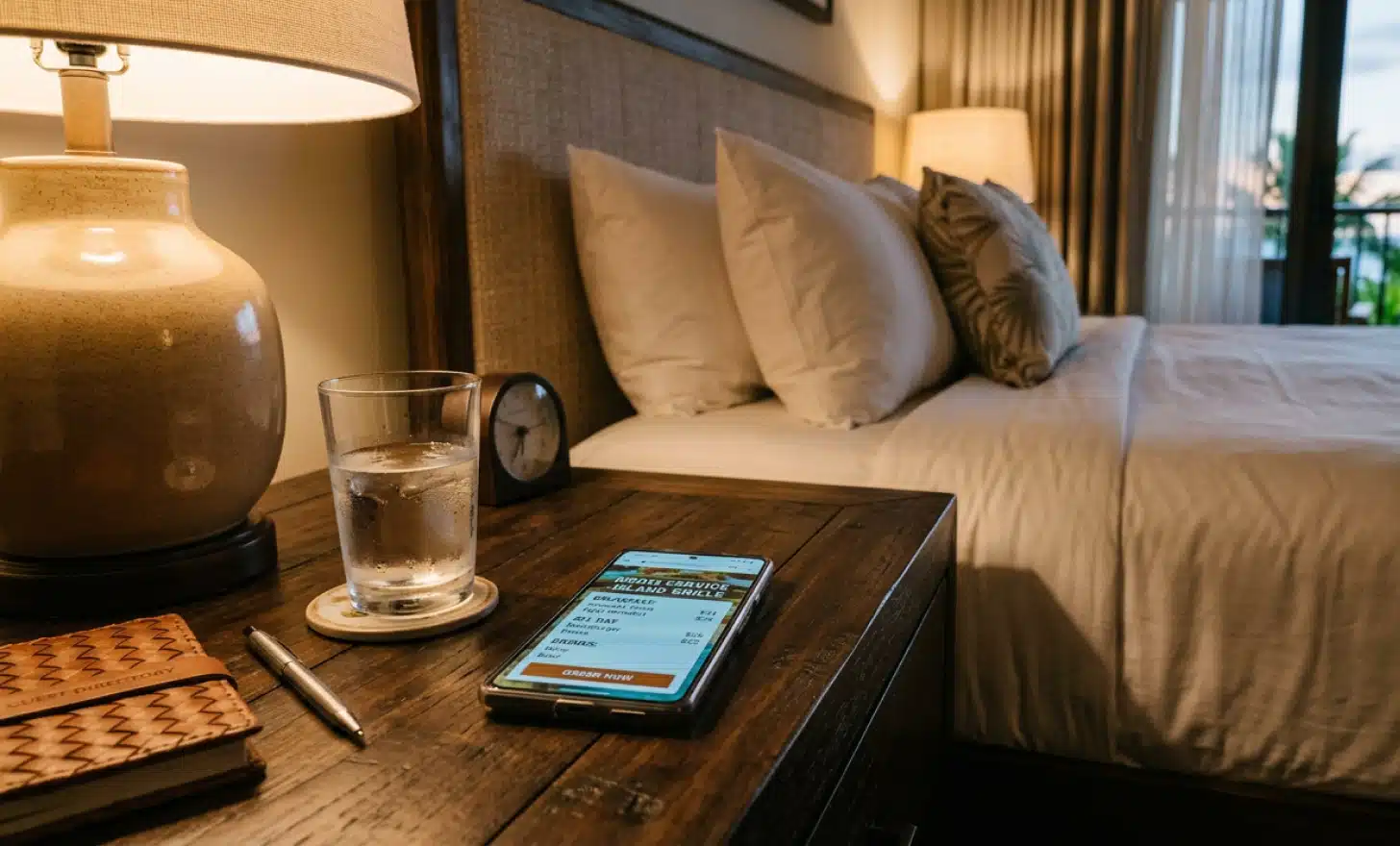 Bedside table in a resort suite with a smartphone displaying a room service menu next to a glass of water