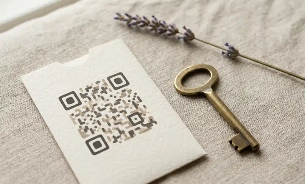 Boutique hotel key card sleeve with an artistic QR pattern styled on linen