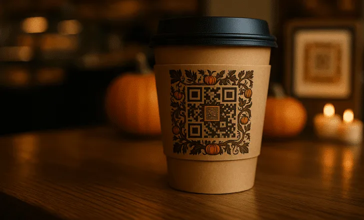 Branded QR Code printed on a coffee cup sleeve in a café setting.