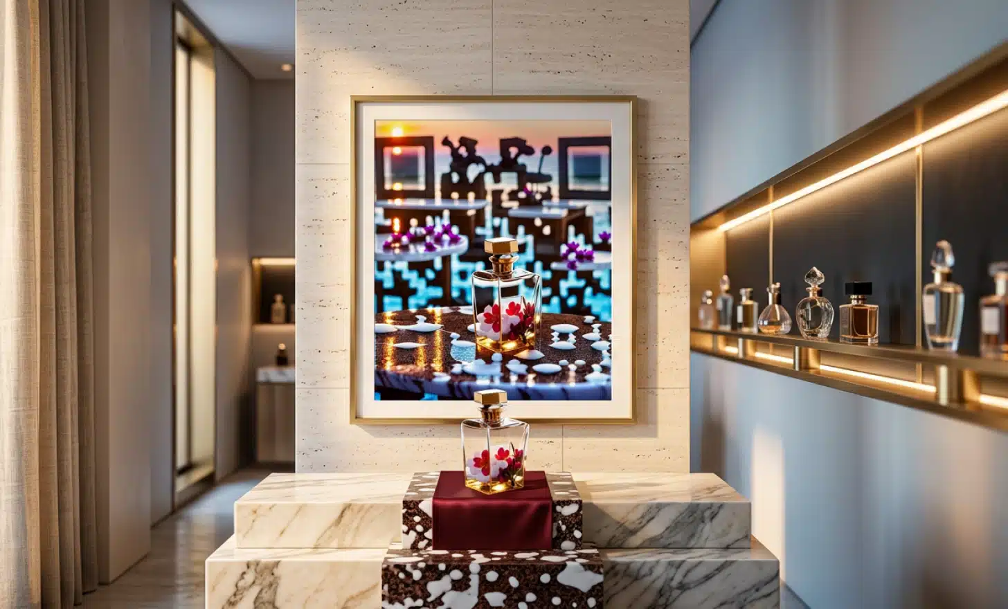 Brass-framed artwork mounted in a luxury perfumery boutique with a perfume bottle displayed on a marble podium in front.