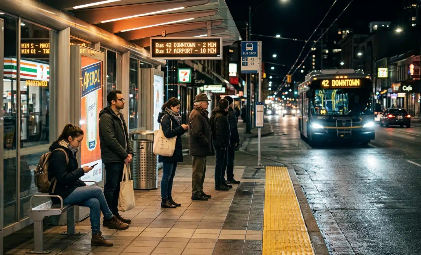 Bus stop at dusk with commuters waiting