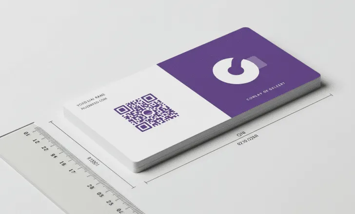 Business card showing QR code printed at minimum size with ruler for scale