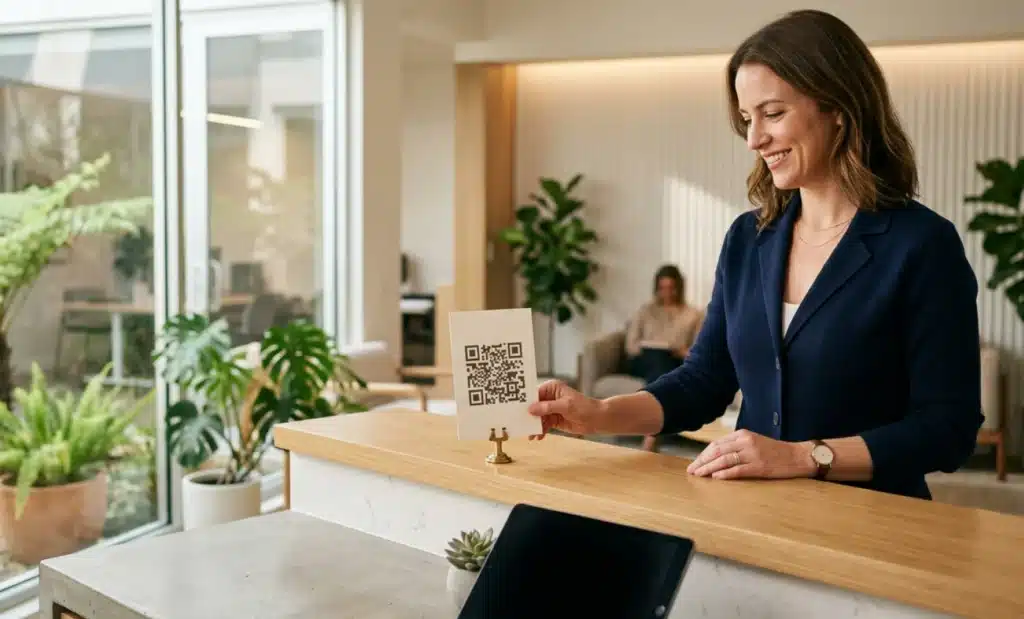 Business owner placing a QR code stand on a bright reception counter.