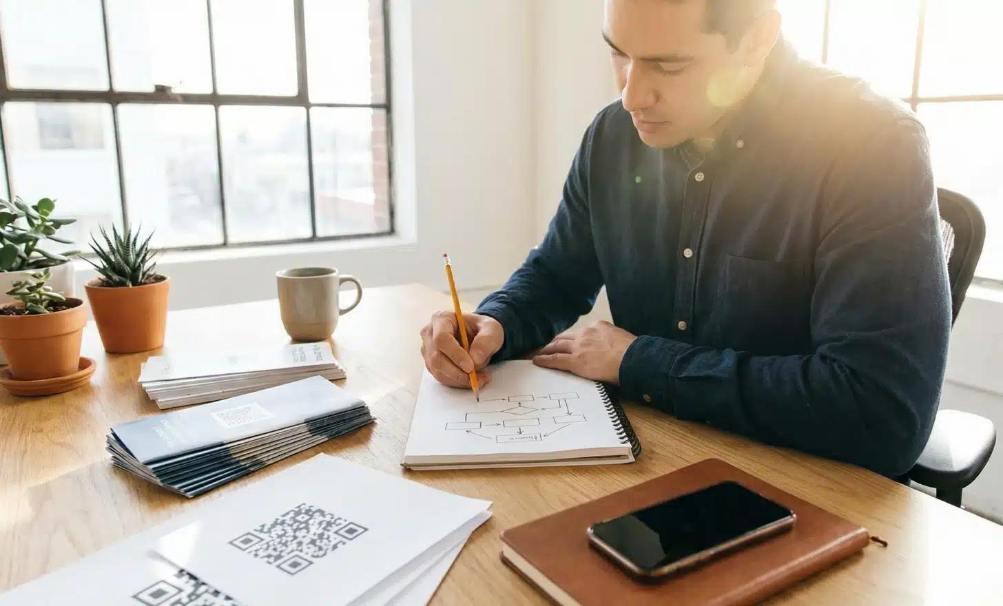 Business owner planning QR code placements and customer journey strategy