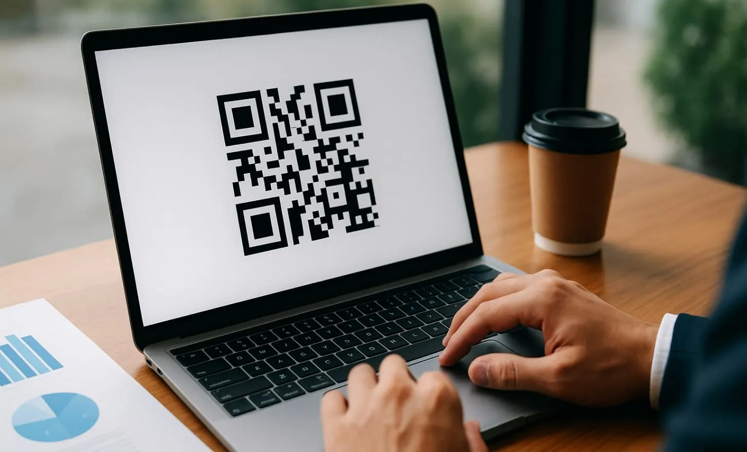 Un homme d'affaires regardant un grand QR code sur un écran d'ordinateur portable dans un bureau moderne