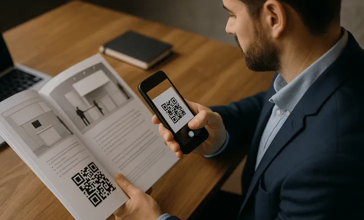 Businessman scanning a QR code in a printed B2B catalog with a smartphone
