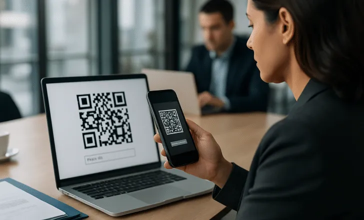 Businesswoman scanning a password-protected QR code on a laptop screen