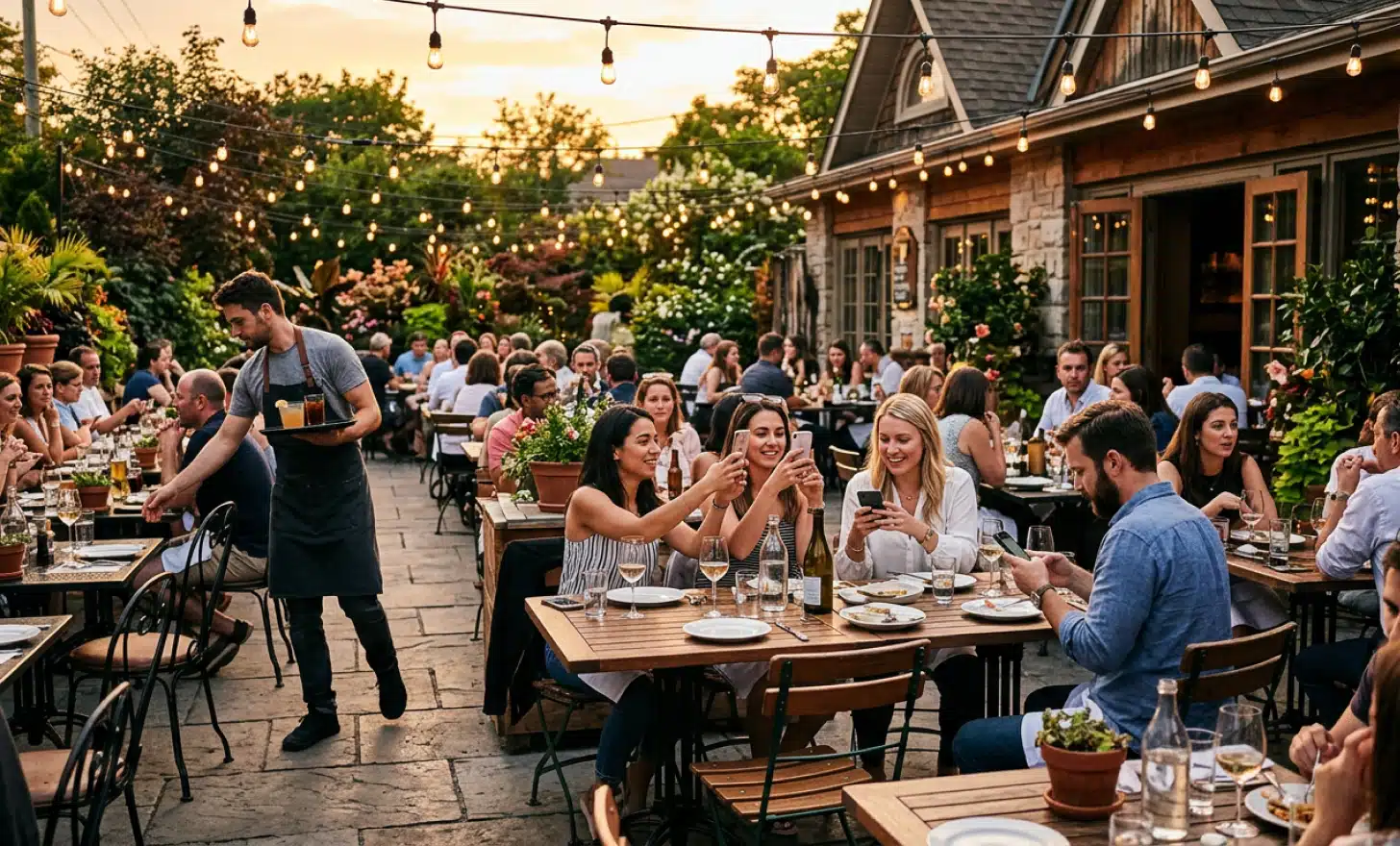 Busy summer restaurant patio with guests and outdoor dining atmosphere