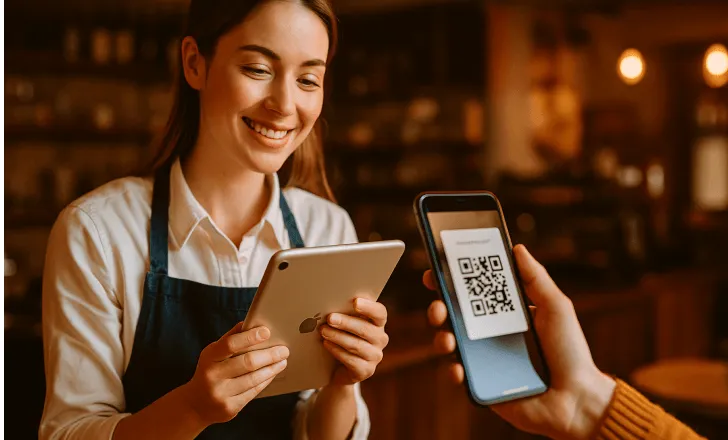 Cashier scanning a QR code payment in a cozy café setting