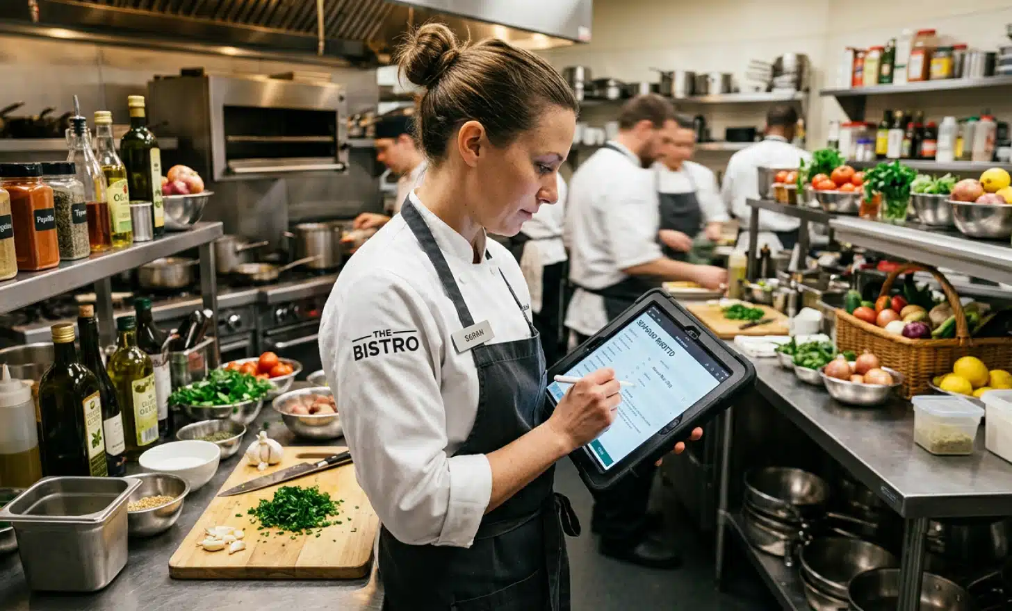 Chef updating allergen and ingredient data on a tablet in a restaurant kitchen