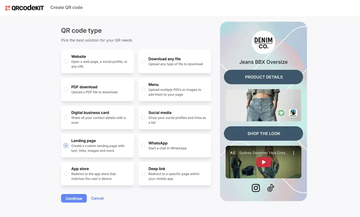 Choose “Landing page” as the QR code type