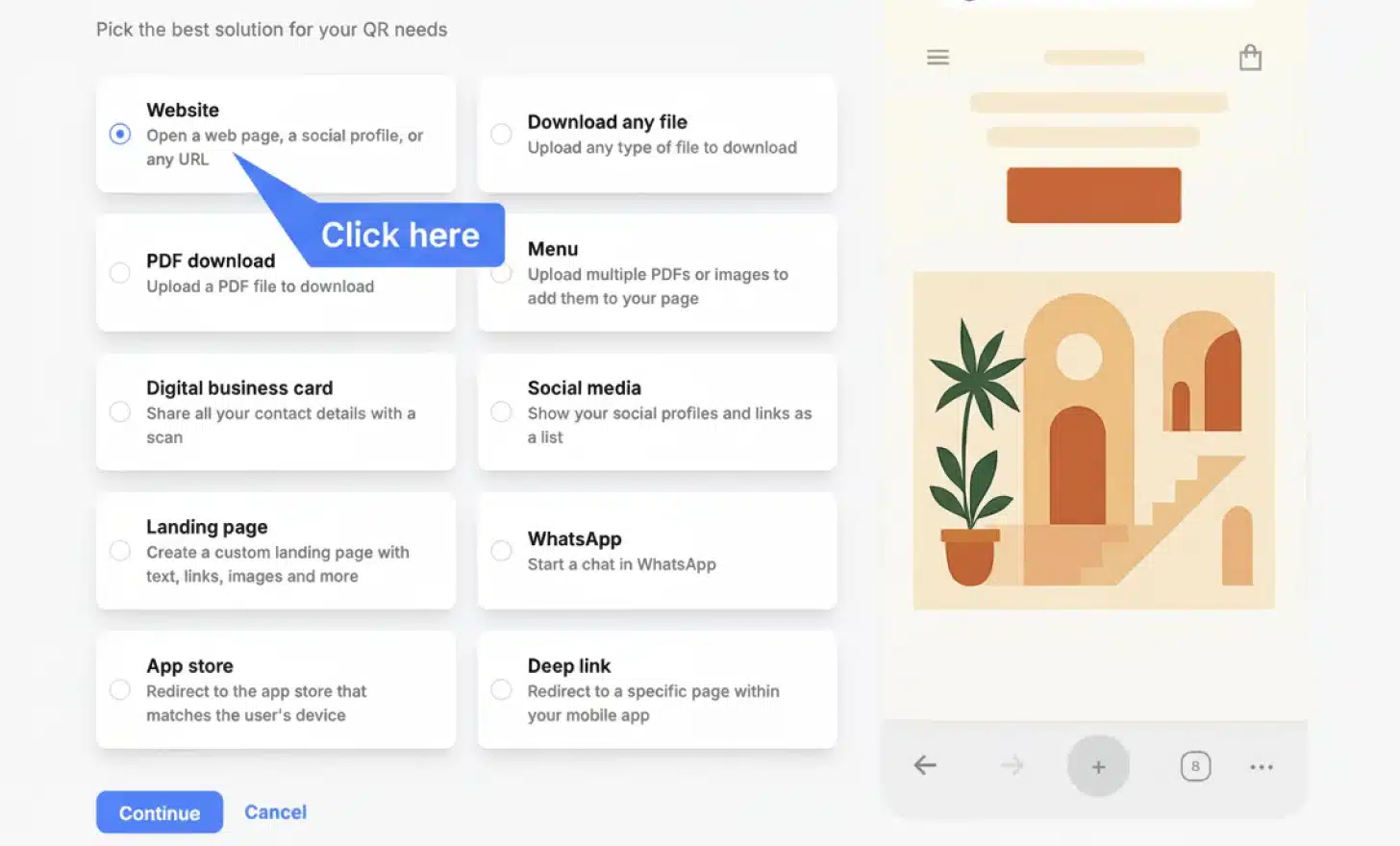 Choose “Website” as the QR code type