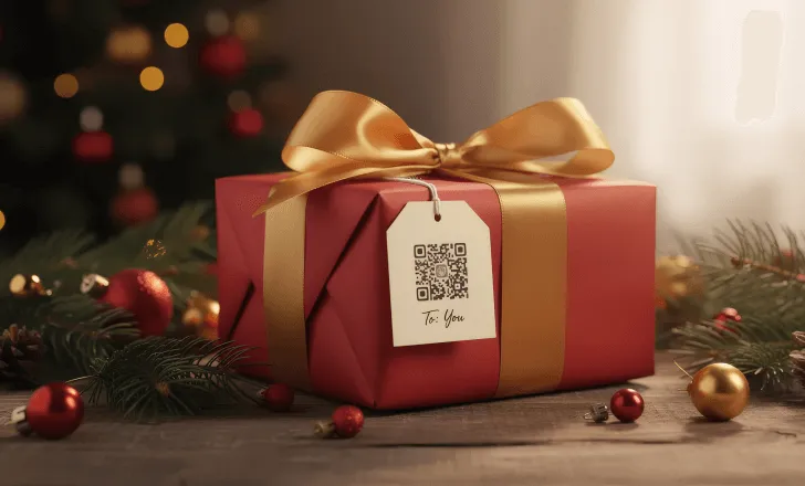 Christmas gift with a QR code printed on a gift tag surrounded by festive decor.